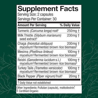 Host Defense MycoBotanicals Liver* Capsules - Liver Health Supplement with Milk Thistle & Turmeric Root - Mushroom Supplement with Turkey Tail, Reishi & Chaga - 60 Capsules (30 Servings)*