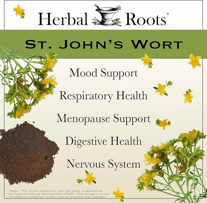 Herbal Roots St Johns Wort Capsules | 450 mg per Serving | Pure St. John’s Wort with No Binders or Fillers Non GMO | 60 Vegan Capsules