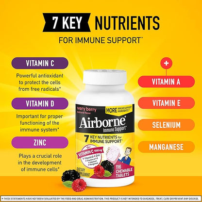 Airborne Vitamin C 1000mg (per Serving) - Very Berry Chewable Tablets (116 Count in a Bottle), Gluten-Free Immune Support Supplement, with Vitamins A C E, Zinc, Selenium, Ginger, Antioxidants