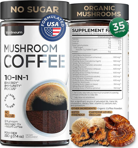 Mushroom Coffee - 10-in-1 Mushroom Superfood Adaptogen Mix - Organic Lion's Mane, Chaga, Turkey Tail, Reishi, Instant Coffee - for Gut Health, Immunity, Energy, Focus - Sugar Free - 7,4 oz (35 Serv)