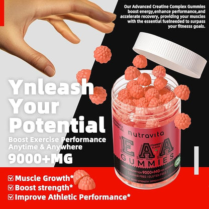 EAA Gummies 120 Gummies (Strawberry), 9000 mg Essential Amino Acids - All 9 Essential Aminos (EAA) and All Branched-Chain Aminos (BCAAs), Non-GMO, Gluten Free, Vegetarian Friendly