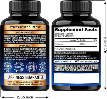 L Theanine 400 mg | L-Theanine Stress Relief | Extra Strength Supplement | Made in USA | Relaxation, Sleep & Calm Support | For Men & Women | Plant Based, Non-GMO & Gluten-Free | 120 Vegan Capsules