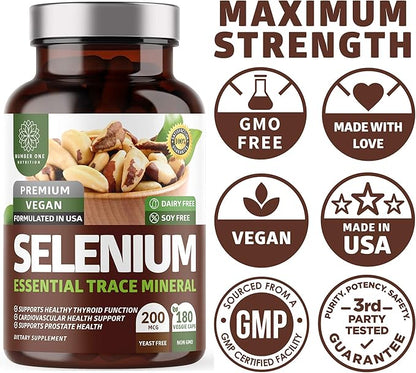 N1N Premium Pure Selenium [200MCG, Max Absorption] Essential Trace Mineral to Support Immunity and Prostate Function, 180 Veg Caps
