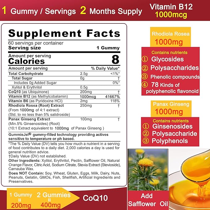 Sugar Free CoQ10-200mg 400mg Filled Gummies - 2 Months Supply - w/ Vitamin B12 1000mcg, Rhodiola Rosea & Panax Ginseng, B6, Coenzyme Q10 Supplement for Hear-t, Energy, Antioxidant, Ultra Absorption
