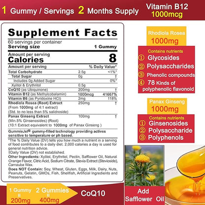 Sugar Free CoQ10-200mg 400mg Filled Gummies - 2 Months Supply - w/ Vitamin B12 1000mcg, Rhodiola Rosea & Panax Ginseng, B6, Coenzyme Q10 Supplement for Hear-t, Energy, Antioxidant, Ultra Absorption