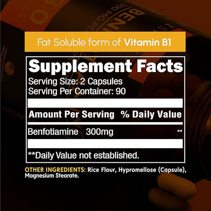 Benfotiamine 300mg - Benfotiamine b1-180 Capsules (3 Months Supply) - Vegan, Non-GMO, Gluten-Free