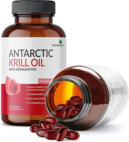Futurebiotics Antarctic Krill Oil 1000mg with Omega-3s EPA, DHA, Astaxanthin and Phospholipids - Premium Krill Oil Heavy Metal Tested, Non GMO – 90 Softgels (45 Servings)
