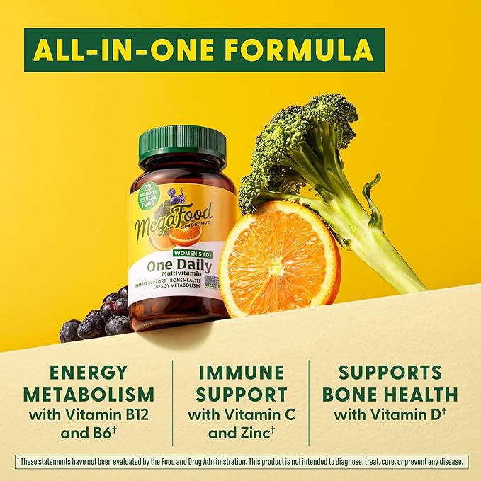 MegaFood Women's 40+ One Daily Multivitamin for Women - with Vitamin B12, B6, C, D, Zinc & Iron – Plus Real Food - Immune Support - Bone Health - Non-GMO - Vegetarian - 60 Tabs