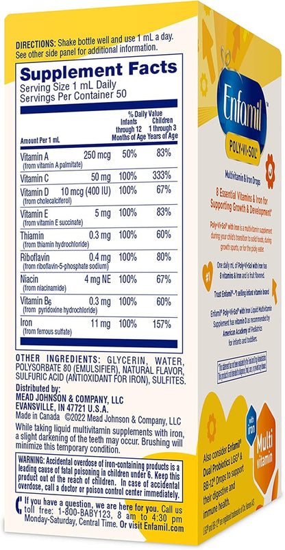 Enfamil Prenatals & Baby Vitamins Poly-Vi-Sol 8 Multi-Vitamins & Iron Supplement Drops for Infants & Toddlers, Supports Growth & Development, 50 mL Dropper Bottle (Pack of 2)