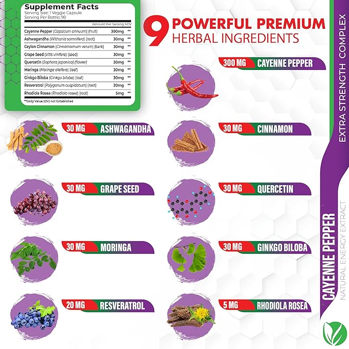 Cayenne Pepper Supplements Capsules, 3 Months Supply & Ashwagandha, Ceylon Cinnamon, Grape Seed, Quercetin, Moringa, Ginkgo Biloba - Heart Wellness, Promotes Digestive Health -90 Caps