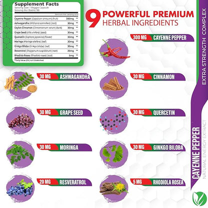 Cayenne Pepper Supplements Capsules, 3 Months Supply & Ashwagandha, Ceylon Cinnamon, Grape Seed, Quercetin, Moringa, Ginkgo Biloba - Heart Wellness, Promotes Digestive Health -90 Caps
