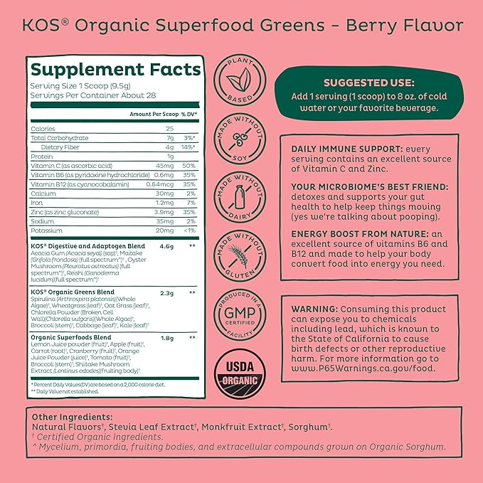 KOS Organic Superfood Greens Powder - Gut Health from Prebiotic Fiber, Supergreens and Adaptogens - USDA Certified Organic, Made in a GMP Certified Facility - 28 Servings Berry
