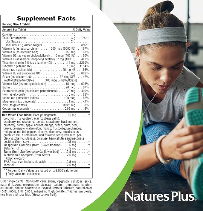 NaturesPlus Adult's Chewable - 60 Tablets, Exotic Red Berry Flavor - Multivitamin & Mineral - Vegetarian, Gluten Free - 60 Servings