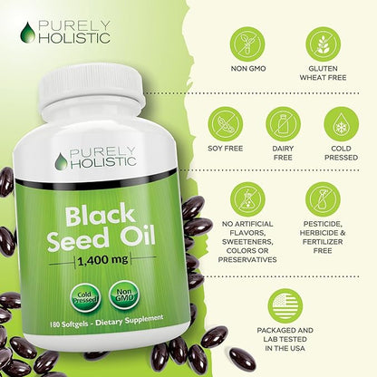 Black Seed Oil Capsules 1400mg, 180 Softgels, 3 Month Supply - Cold Pressed Nigella Sativa, Rich in Omega 6, 9 & TQ, Black Cumin Seed Oil, Immune Support, Joints and Digestion