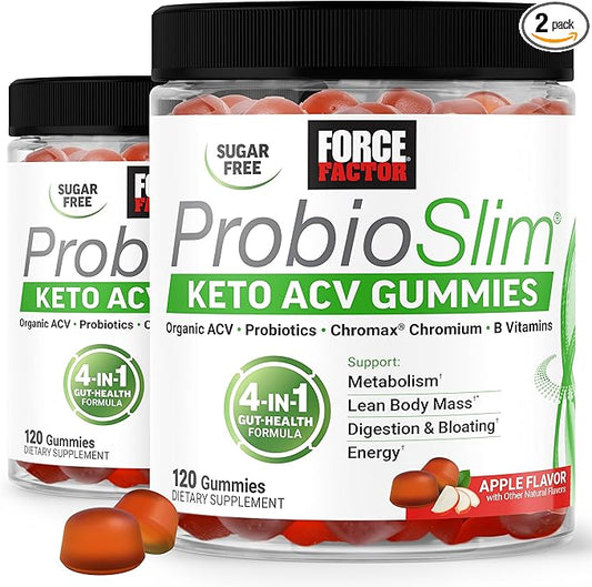 Force Factor ProbioSlim Keto ACV Gummies, Organic Apple Cider Vinegar Gummies with LactoSpore Probiotics & Prebiotics to Support Digestion, Metabolism, & Immune Health, 1 Net Carb, Apple Flavor, 240ct