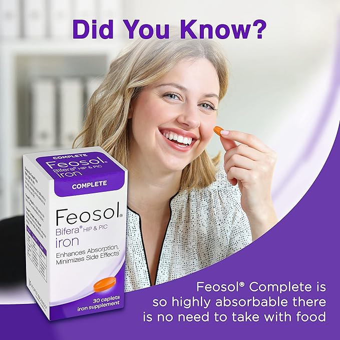 Feosol Complete Iron Supplement Caplets, Bifera Iron for High Absorption, Heme and Non-Heme Dual Action Minimizes Side Effects, 1 Per Day, for Energy and Immune System Support, 30 Count (Pack of 36)