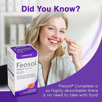 Feosol Complete Iron Supplement Caplets, Bifera Iron for High Absorption, Heme and Non-Heme Dual Action Minimizes Side Effects, 1 Per Day, for Energy and Immune System Support, 30 Count (Pack of 36)
