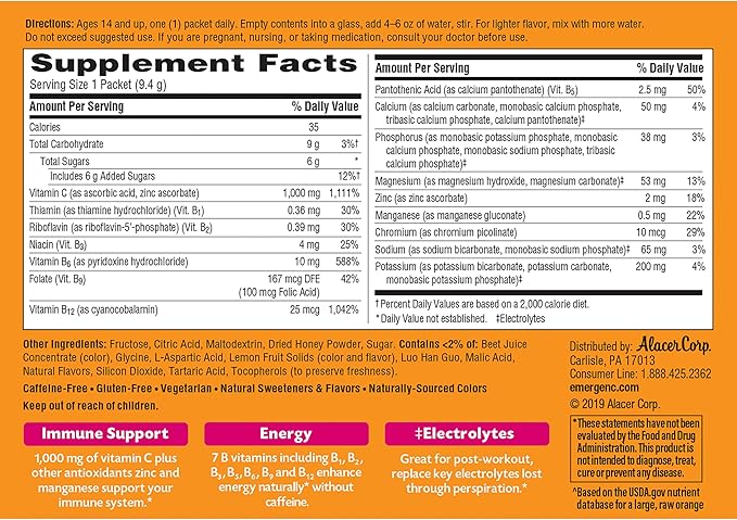 Emergen-C 1000mg Vitamin C Powder, with Antioxidants, B Vitamins and Electrolytes, Immunity Supplements for Immune Support, Caffeine Free Fizzy Drink Mix, Pink Lemonade Flavor - 30 Count