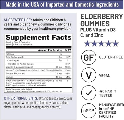 NatureWise Sambucus Elderberry Gummies - Immune Support Supplement for Kids Ages 4+ & Adults with Vitamin C, D3, Zinc - Elderberries Equivalent to 3520mg - Vegan, Non-GMO - 90 Count[45-Day Supply]