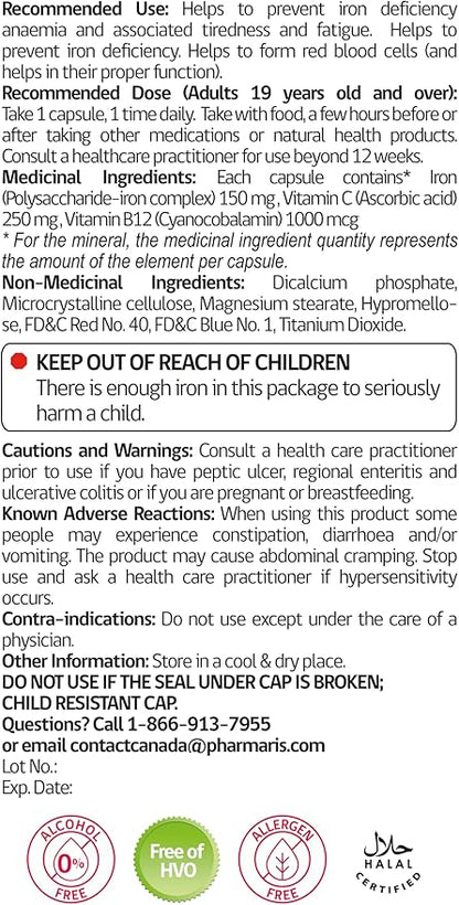 IMAX 150 mg Iron Supplement, 250 mg VIT C, 1000 mcg VIT B12, 30 Capsules, Treatment for Iron Deficiency Anemia, Once Daily Dosing