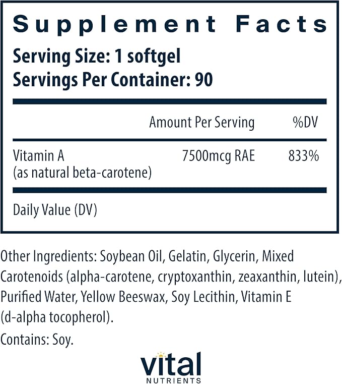 Vital Nutrients Natural Beta Carotene 25,000IU | Precursor to Vitamin A | High-Dose Antioxidant | Vision, Skin, and Health Support | Gluten, Dairy, Soy Free | 90 Softgels