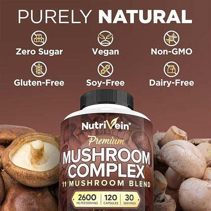 Nutrivein Premium Mushroom Supplement 2600 mg- Bottle 120 Capsules- 11 Nootropic Mushroom Complex - Lion's Mane, Cordyceps, Chaga, Reishi, Turkey Tail,Maitake,Shiitake, Agaricus, White Button, Oyster