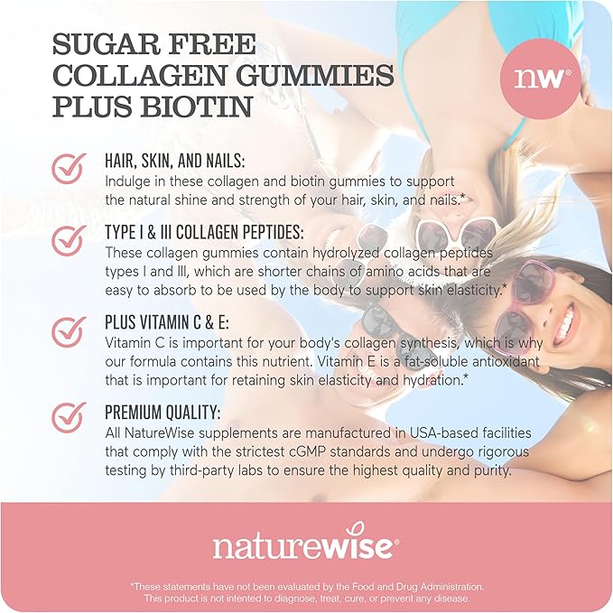 NatureWise Collagen Gummies - Sugar-Free Hydrolyzed Collagen Gummies - Type 1 & 3 Peptides for Women + Biotin, Vitamin C, E, & Zinc for Hair Skin and Nails Support - 90 Count[45-Day Supply]