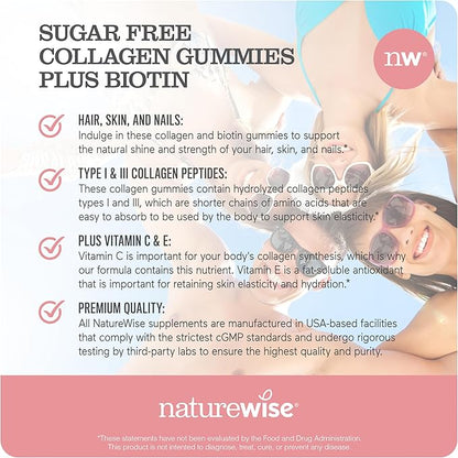 NatureWise Collagen Gummies - Sugar-Free Hydrolyzed Collagen Gummies - Type 1 & 3 Peptides for Women + Biotin, Vitamin C, E, & Zinc for Hair Skin and Nails Support - 180 Count[3-Month Supply]