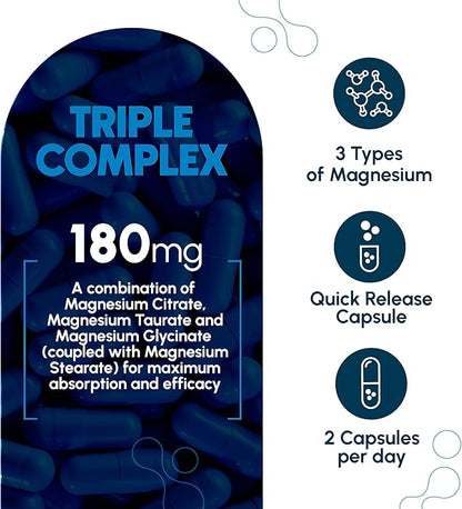 Triple Magnesium Complex Supplement (120 Vegan Capsules) - 180mg of Magnesium Glycinate Taurate and Citrate - Calm Magnesium Complex Supplements
