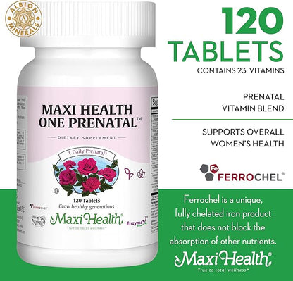 Maxi Health One Prenatal - Womens Prenatal Vitamins with Iron - Enhanced Absorption & Bioavailability - Daily Multivitamin for Women - Multi Vitamin & Mineral Supplement for Adults - 120 Tablets