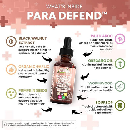 para Defend Wormwood Black Walnut Cleanse for Humans Drops Liquid Soursop Garlic Pumpkin Seed PAU D'Arco Oil of Oregano Turmeric Berberine Neem Extract Hull Bark Tincture by Clean Nutra