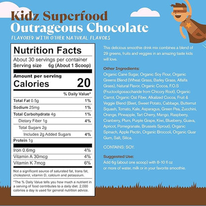 Amazing Grass Kidz Superfood: Organic Greens, Fruits, Veggies, Beet Root Powder & Probiotics for Healthy Kids, Outrageous Chocolate, 30 Servings, 6.35 Ounce (Pack of 1)