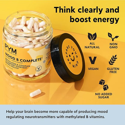 Vitamin B Complex Mood Support Supplement by PYM (30 Count) | Methylated B Complex for Everyday Mood & Energy Support | Non-GMO, Vegan, Gluten-Free
