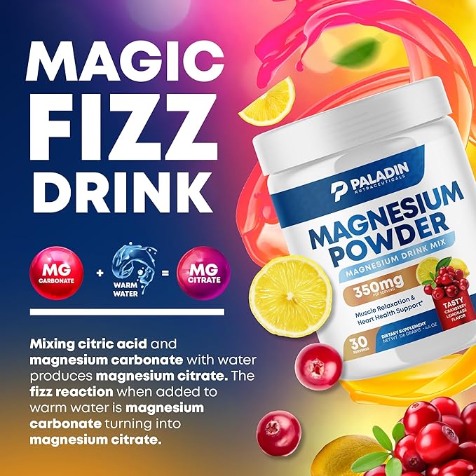 Magnesium Powder - Anti-Stress Drink Mix for Calm & Regularity - Magnesium Citrate Supplement - Relaxation, Muscle & Heart Support - Cranberry Lemonade Flavor - 30 Servings