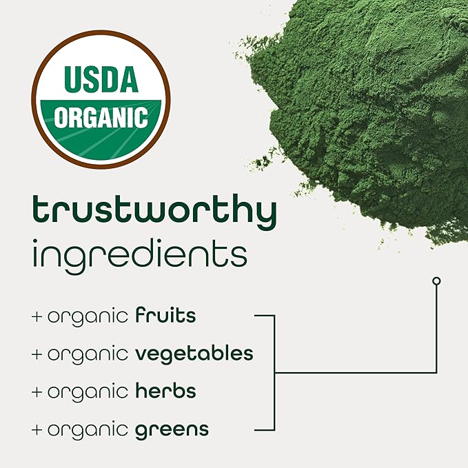Organic Super Greens Powder, 70+ Superfoods, 0 Sugar, 3G Fiber, Spirulina, Chlorella, Antioxidants, Prebiotics/Probiotics, Digestive Enzymes, Green Apple, 30 Drink Mix Packets