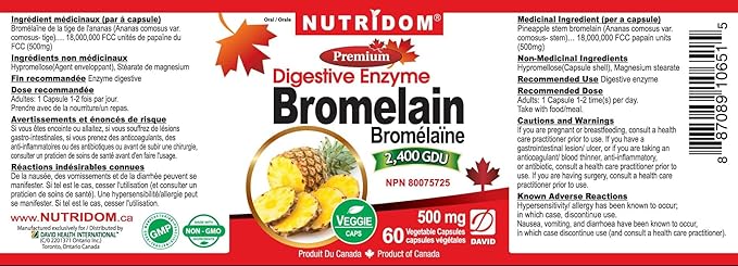 Bromelain Digestive Enzyme Pineapple Supplements, 2400 GDU, 500mg, Non-GMO, Vegan, Free of Gluten, Soy & Dairy (60 Count)