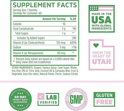 Zhou D3+K2 - Vitamin D3 K2 Supplement for Women & Men, Immune Support Vit D3 and K2 Gummy, Gelatin Free Formula with 5000 IU of D3 and MK-7 - 60 Veggie Gummies (Pack of 1)