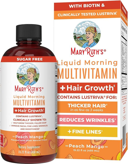 MaryRuth's Liquid Multivitamin + Hair Growth | Biotin 10000mcg | Lustriva Hair Growth Supplement | Clinically Tested in Women for Thicker Hair & Facial Wrinkle | Skin Care | Ages 18+ | 15.22 Fl Oz
