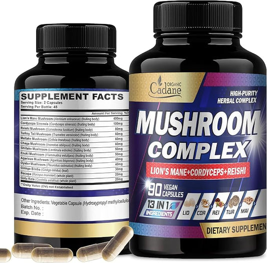 Cadane Mushroom Complex Supplements - 13in1 Concentrated with Lions Mane, Cordyceps Sinensis, Reishi, Turkey Tail Mushroom, Maitake, Chaga, Shiitake, Enoki, Agaricus, Oyster & More - 90 Vegan Capsules