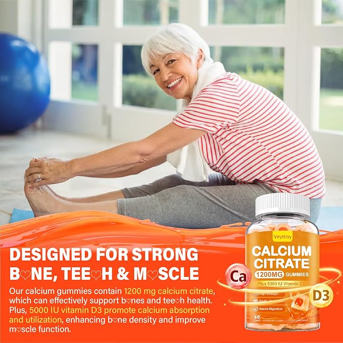 Calcium 1200 mg with Vitamin D3 Gummies for Adults - Calcium Citrate with Vitamin D3 5000iu for Ultimate Absorption - Calcium Supplement for Women Men - Sugar Free, Non-GMO, Natural Strawberry Flavor