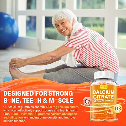 Calcium 1200 mg with Vitamin D3 Gummies for Adults - Calcium Citrate with Vitamin D3 5000iu for Ultimate Absorption - Calcium Supplement for Women Men - Sugar Free, Non-GMO, Natural Strawberry Flavor