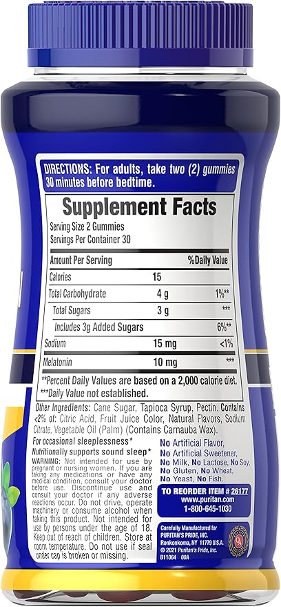 Puritan's Pride Melatonin Gummies 10mg Gummies for Men and Women, Dietary Supplement for Sound, Restful, and Longer Sleep Support Supplement, 60 Blueberry Flavored Gummies