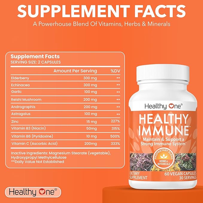 Healthy Immune - Boost Immune Response - Cold - Flu - Illness - Sickness - Virus - Antioxidants - Free Radicals - Builds Immunity - Elderberry - Echinacea - Vitamin C - Zinc - Garlic - 60 Count