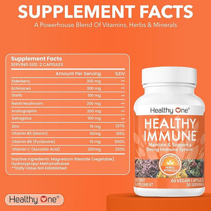 Healthy Immune - Boost Immune Response - Cold - Flu - Illness - Sickness - Virus - Antioxidants - Free Radicals - Builds Immunity - Elderberry - Echinacea - Vitamin C - Zinc - Garlic - 60 Count