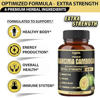 Premium Garcinia Cambogia Capsules with Green Tea, Arjuna, Garlic, Turmeric, Black Pepper - Body Health & Immune Support Supplement - 1 Pack 150 Caps for 5 Months