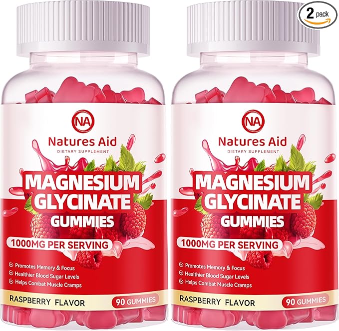 Magnesium Glycinate Gummies 1000mg - Sugar Free Magnesium Potassium Supplement with Vitamin D, B6, CoQ10 for Calm Mood & Sleep Support - 180 Raspberry Gummies.