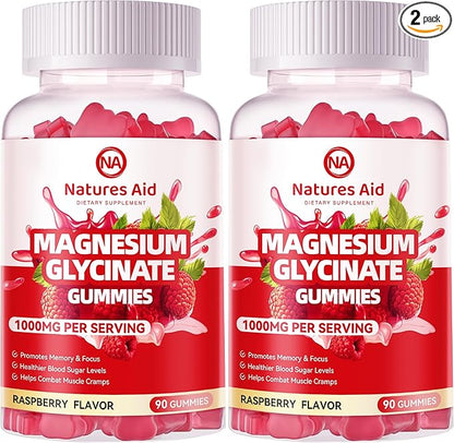 Magnesium Glycinate Gummies 1000mg - Sugar Free Magnesium Potassium Supplement with Vitamin D, B6, CoQ10 for Calm Mood & Sleep Support - 180 Raspberry Gummies.