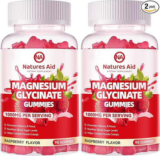 Magnesium Glycinate Gummies 1000mg - Sugar Free Magnesium Potassium Supplement with Vitamin D, B6, CoQ10 for Calm Mood & Sleep Support - 180 Raspberry Gummies.