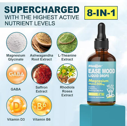 Magnesium Glycinate Liquid Drops for Kids, Adults with GABA, Ashwagandha, L-Theanine, Vitamin D3, B6, Saffron for Brain Calm, Muscle Relaxation, Mood, Zzz- Calm Magnesium Supplement, Vegan, 2 Pack