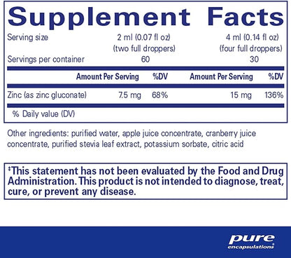 Pure Encapsulations Zinc Liquid 15 mg | Zinc Gluconate Hypoallergenic Supplement for Immune Support | 4 fl. oz.